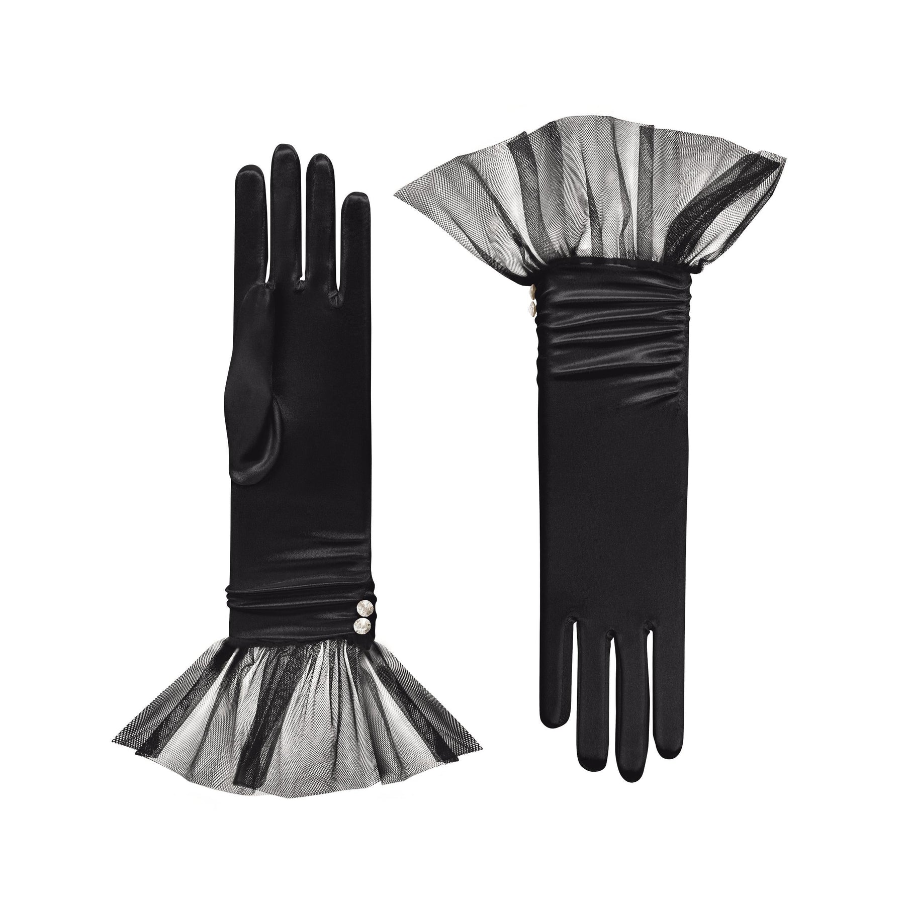 Melody | Satin Glove with Ballerina Tulle Cuff-Black-Cornelia James