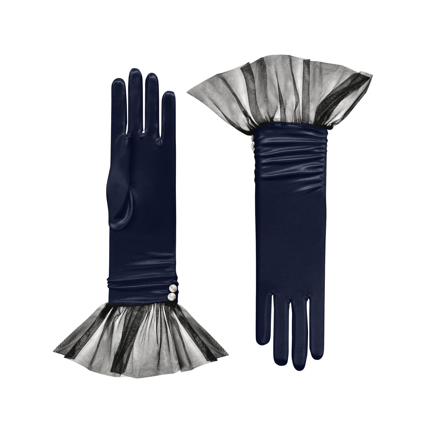 Melody | Satin Glove with Ballerina Tulle Cuff-Midnight Blue-Cornelia James