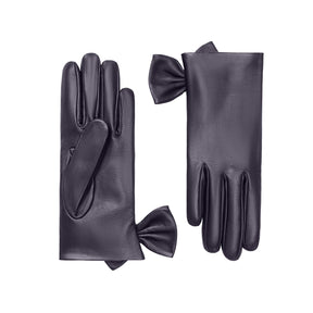 Fleur | Leather Glove with Bow Trim-Dark Navy-Cornelia James