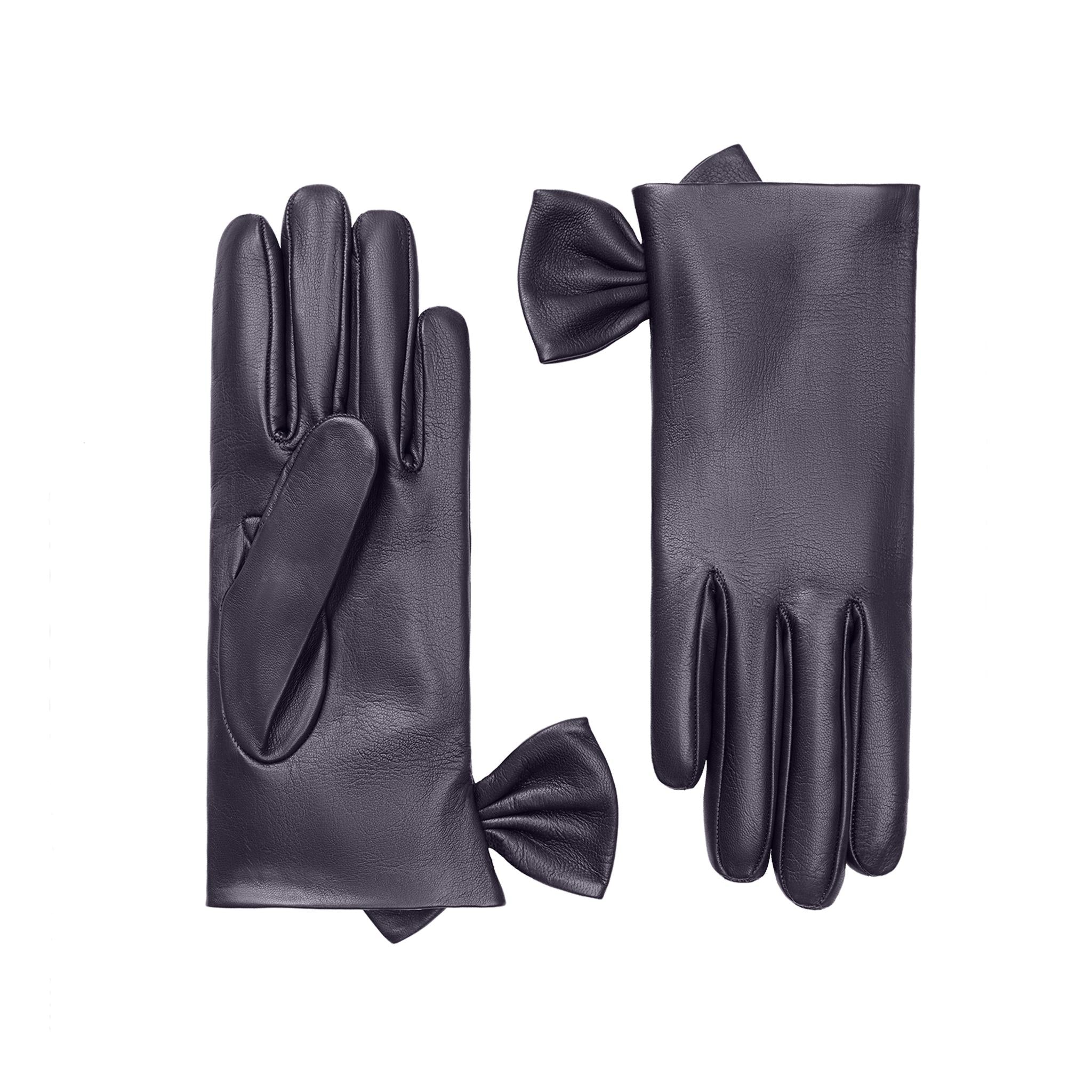 Fleur | Leather Glove with Bow Trim-Dark Navy-Cornelia James