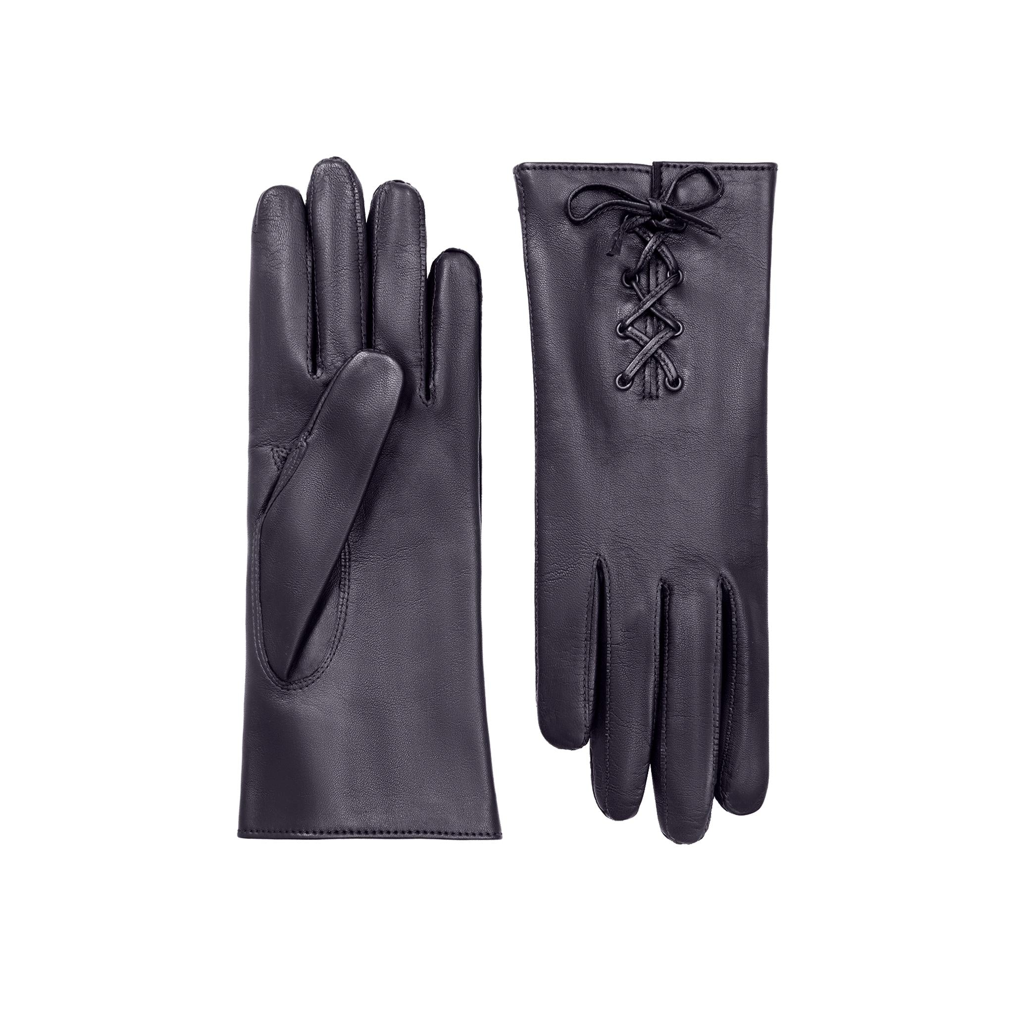 Isabelle | Leather Glove with Lace-up Detail-Dark Navy-Cornelia James