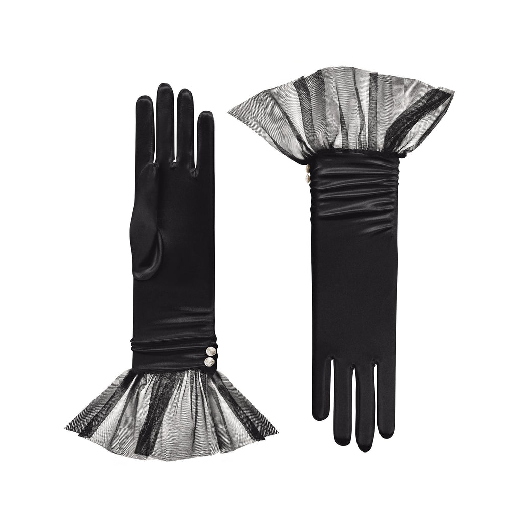 Melody | Satin Glove with Ballerina Tulle Cuff-Black-Cornelia James [cw:black|high]