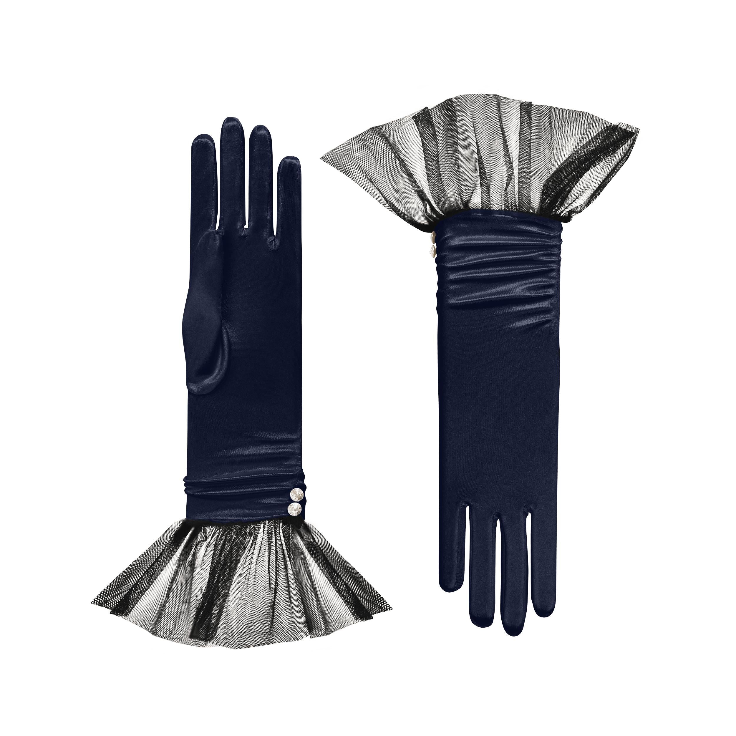 Midnight Blue Satin Gloves - Melody