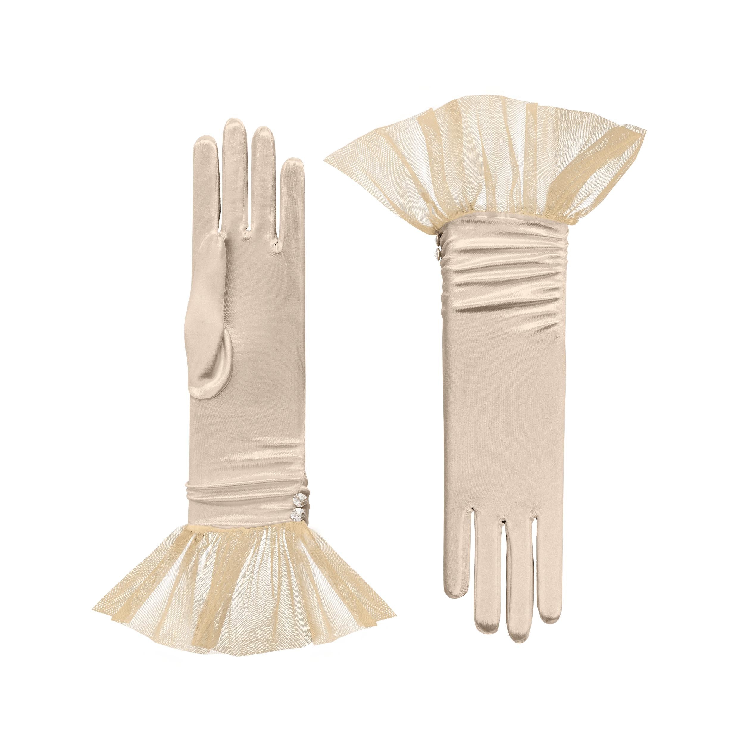 Melody | Satin Glove with Ballerina Tulle Cuff-Champagne-Cornelia James