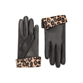 Natalie | Leather Glove with Animal Print Cuff-Black-Cornelia James