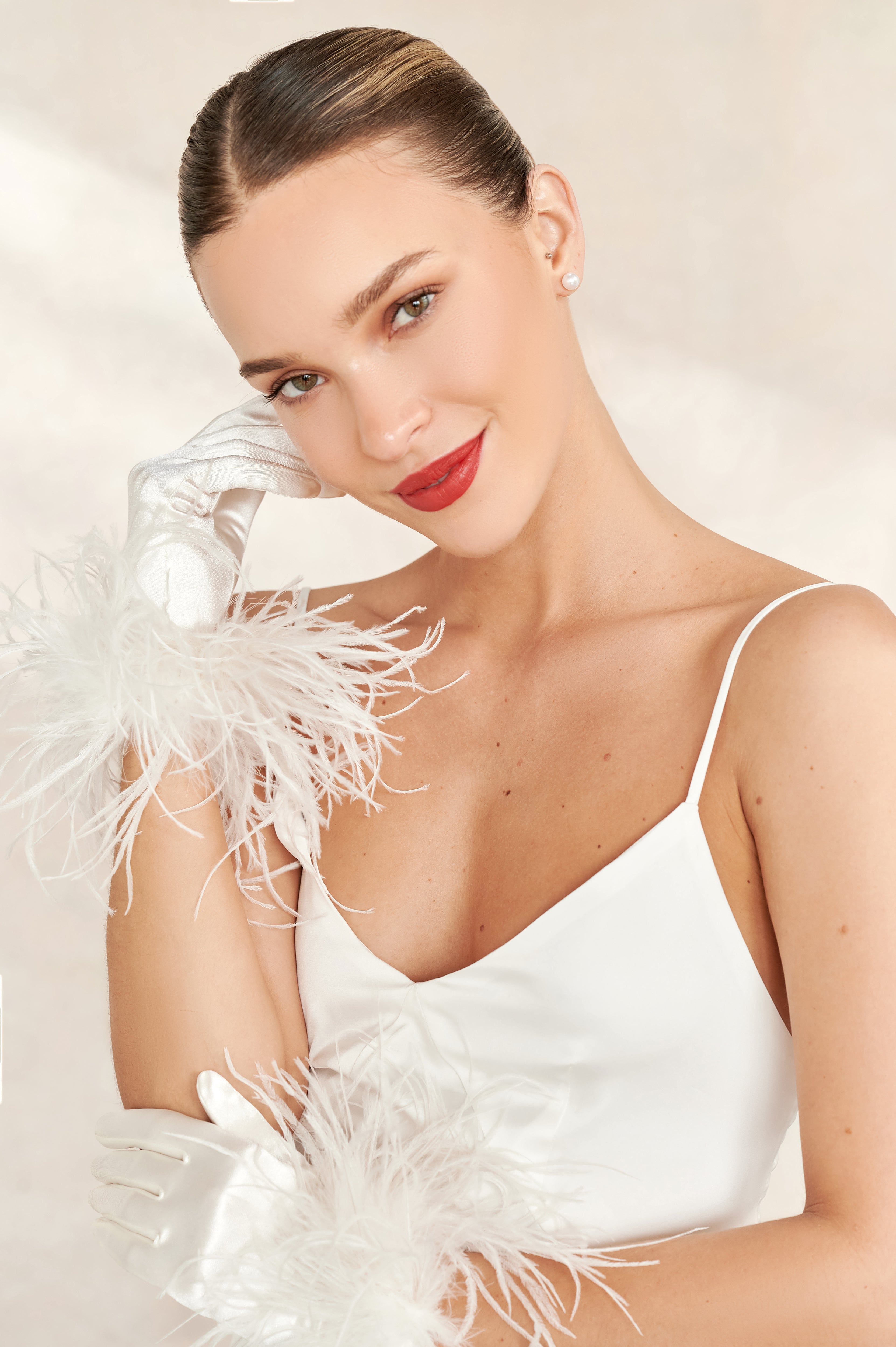 Ivory Satin Wrist Length Gloves - Vera