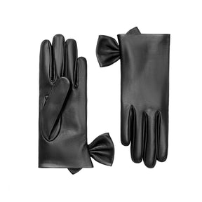 Fleur | Leather Glove with Bow Trim-Black-Cornelia James